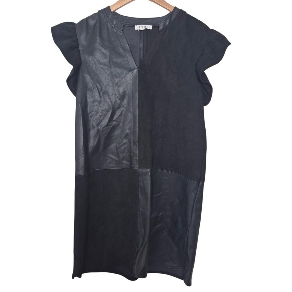THML Black Faux Leather Dress with Ruffle Sleeves Size Medium